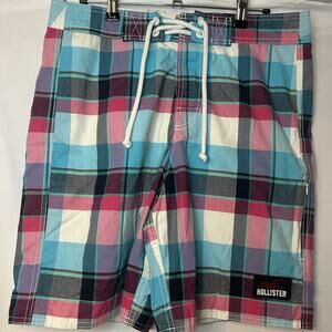 Hollister Board Shorts Swim‎ Trunks Pink Blue Plaid Men's Size Medium